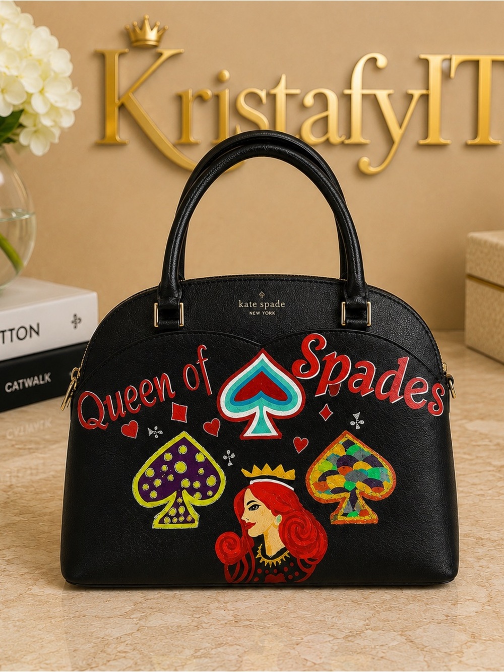 Kate Spade Queen of Spades Hand Painted Art Satchel Custom Saffiano Leather